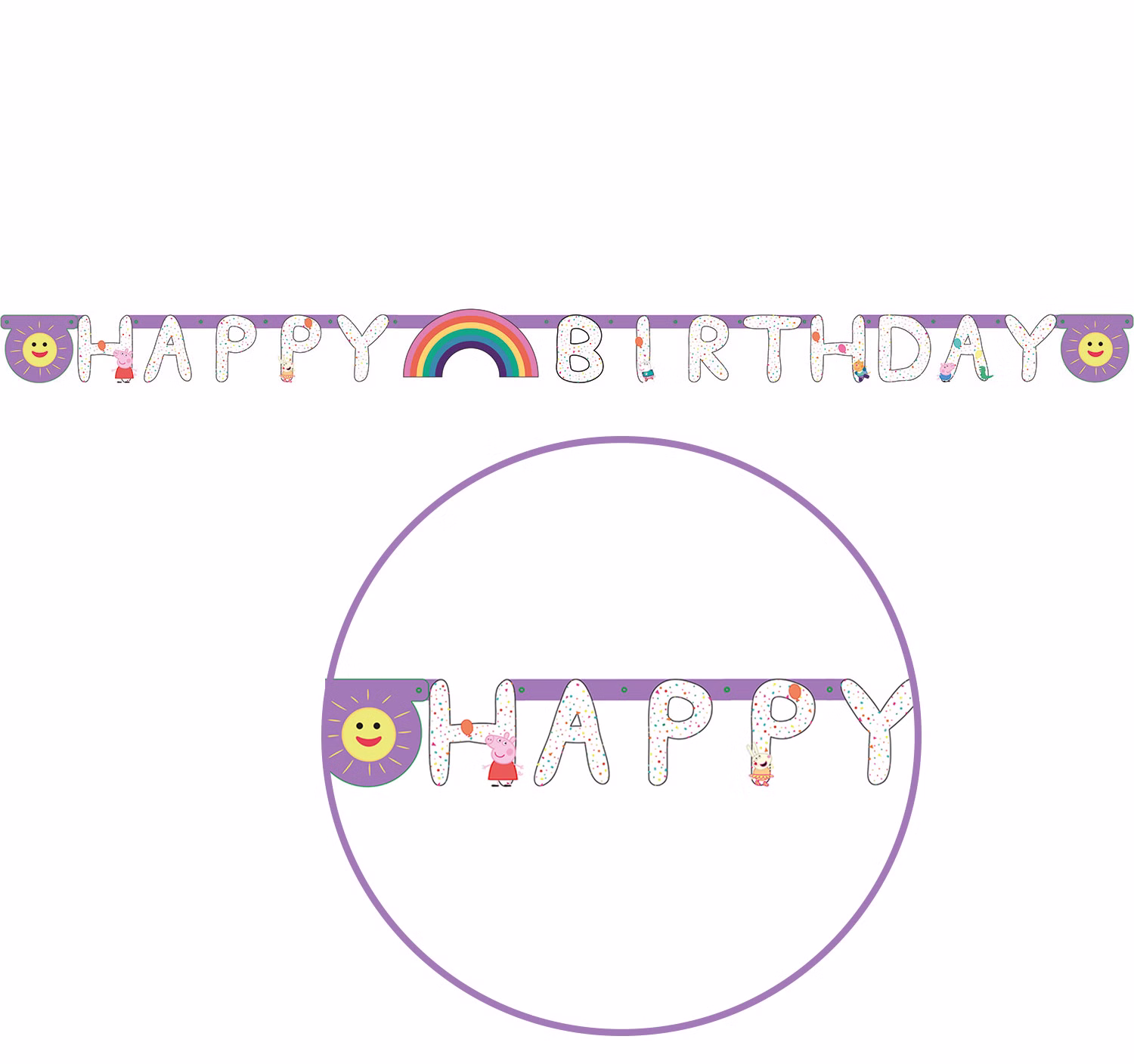 Peppa Wutz Party-Set Kindergeburtstag Peppa Pig Pappgeschirr 33-tlg. Luftballons Geburtstag Mottoparty Party-Zubehör Tischdeko Happy Birthday Girlande mit Peppa Wutz Motiven, Regenbogen und bunten Details – dekorative Partydeko für Kindergeburtstag.