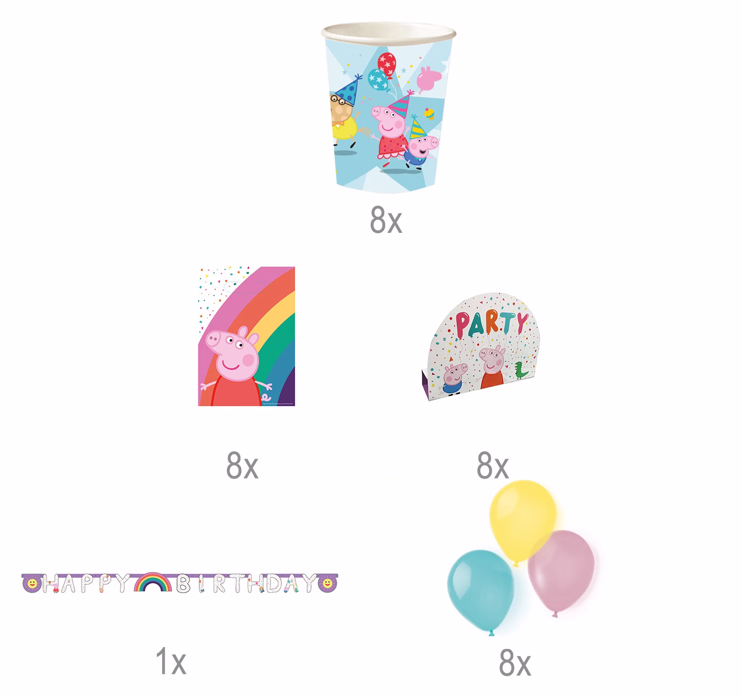 Peppa Wutz Party-Set Kindergeburtstag Peppa Pig Pappgeschirr 33-tlg. Luftballons Geburtstag Mottoparty Party-Zubehör Tischdeko Übersicht des 32-teiligen Peppa Wutz Party-Sets mit Bechern, Tüten, Einladungskarten, Girlande und Luftballons.