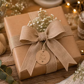 Jute Schleifen Vintage 3er Set Hochzeits-Deko Autoschleifen Boho Natur SALE Geschenkverpackung Schleifen-Set Dekoration für jeden Anlass Geschenkbox mit großer Jute-Schleife, Naturpapier und kleinen Blumen als liebevolle Vintage-Geschenkverpackung.