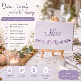 20 Mini Staffeleien Holz Kartenhalter Fotohalter Hochzeit Tischdeko Aufsteller Holz Keilrahmen Tisch-Deko Events Jubiläum SALE Party-Deko Party-Zubehör Dekorative Mini-Staffelei aus Naturholz mit Namenskarte auf festlich gedecktem Tisch in romantischer Hochzeitsdekoration.