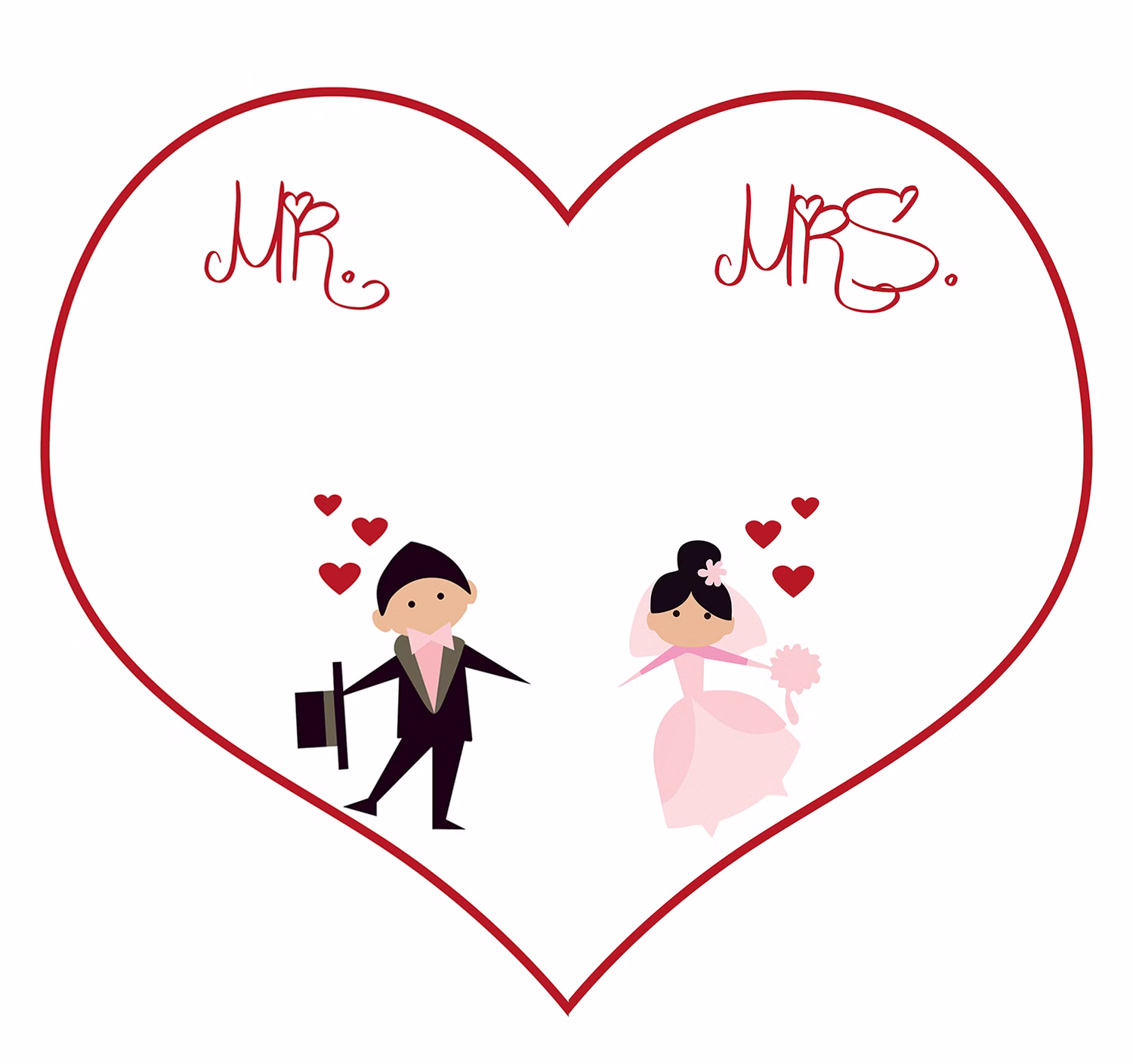 Hochzeits-Liegestuhl Mr. & Mrs. für Braut und Bräutigam Brautpaar individuelles Hochzeitsgeschenk 2 Liegestühle Geschenkidee zur Hochzeit Gastgeschenk Hochzeitsfeier Druckvorlage Classic Brautpaar-Motiv mit Herz mit Braut und Bräutigam Figuren, Mr. & Mrs. mit kleinen Herzen vor weißem Hintergrund.