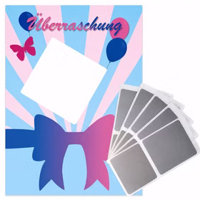 Babynews Rubbelkarten 10er Set mit Rubbelstickern Mädchen oder Junge Gender Reveal Pullerparty Geschlecht verkünden Baby Geburt Schwangerschaft Überraschung Familie Freunde Babynews-Überraschungskarte im rosa-blauen Schleifen-Design mit großem Feld zum individuellen Beschriften und anschließendem Freirubbeln.