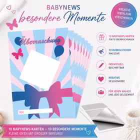 Babynews Rubbelkarten 10er Set mit Rubbelstickern Mädchen oder Junge Gender Reveal Pullerparty Geschlecht verkünden Baby Geburt Schwangerschaft Überraschung Familie Freunde 10 Babynews-Überraschungskarten im Schleifen-Design mit 10 silbernen Rubbelstickern zum individuellen Beschriften und Freirubbeln.