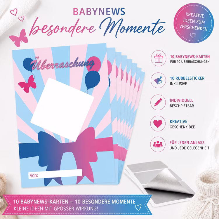 Babynews Rubbelkarten 10er Set mit Rubbelstickern Mädchen oder Junge Gender Reveal Pullerparty Geschlecht verkünden Baby Geburt Schwangerschaft Überraschung Familie Freunde 10 Babynews-Überraschungskarten im Schleifen-Design mit 10 silbernen Rubbelstickern zum individuellen Beschriften und Freirubbeln.