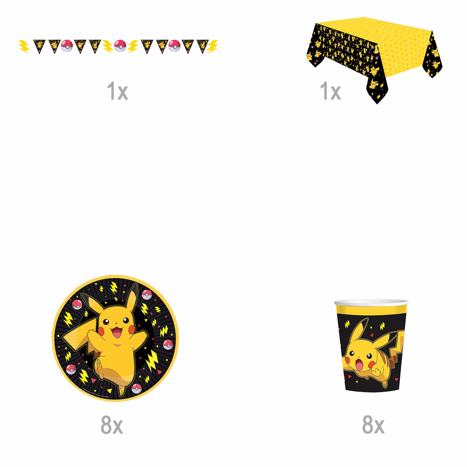 Übersicht des Pokémon Party-Sets mit einer Wimpelkette, einer Tischdecke, acht Pikachu-Tellern und acht passenden Bechern.