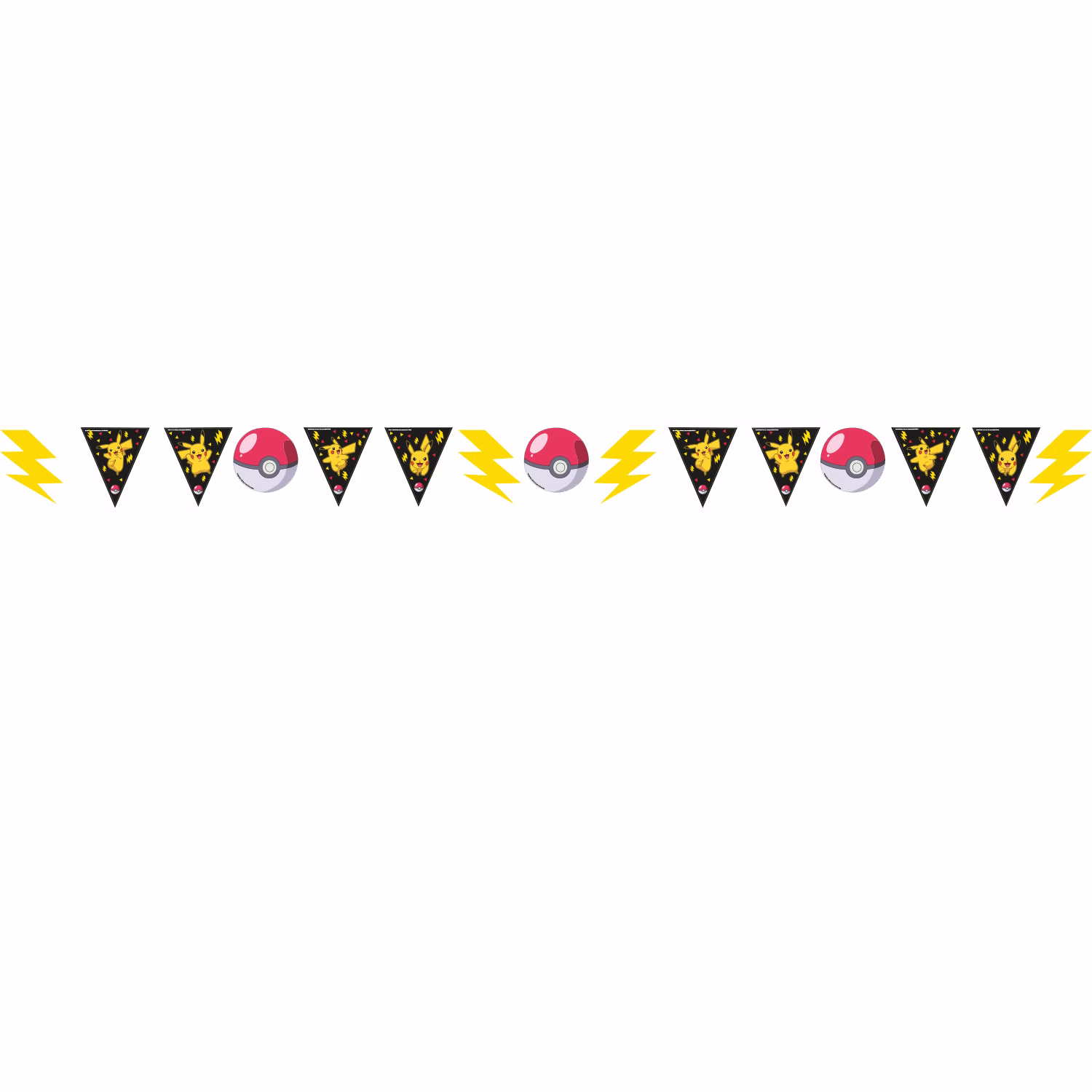 Pokémon Wimpelkette mit dreieckigen Pikachu-Motiven, Pokébällen und gelben Blitzsymbolen auf weißem Hintergrund.