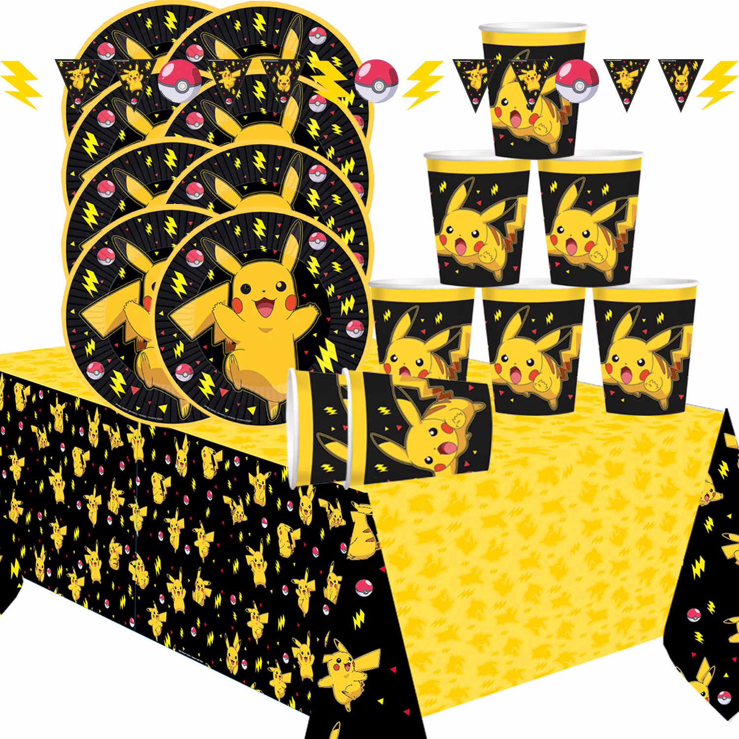 Pokémon Party-Dekoration mit Pikachu-Tellern, Bechern, schwarz-gelber Tischdecke und Wimpelkette mit Pokéball- und Blitzmotiven.