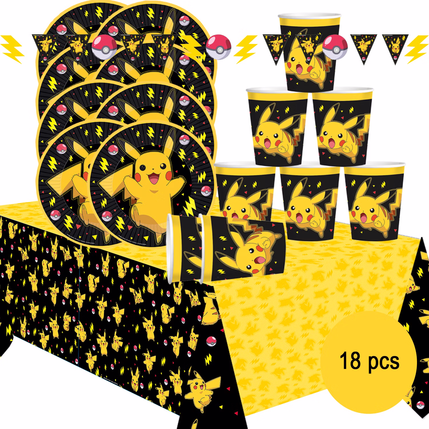 18-teiliges Pokémon Party-Set mit Pikachu-Motiven, Wimpelkette, Tischdecke, acht Tellern und acht Bechern im schwarz-gelben Design.