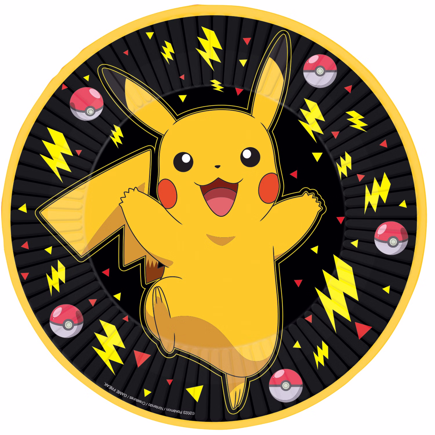 Runder Pokémon Partyteller mit großem Pikachu-Motiv, Pokébällen und gelben Blitzsymbolen auf schwarzem Hintergrund.