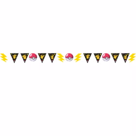 Pokémon Wimpelkette mit dreieckigen Pikachu-Motiven, Pokébällen und gelben Blitzsymbolen auf weißem Hintergrund.