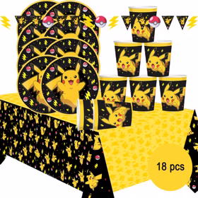 18-teiliges Pokémon Party-Set mit Pikachu-Motiven, Wimpelkette, Tischdecke, acht Tellern und acht Bechern im schwarz-gelben Design.