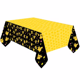 Pokémon Tischdecke in Schwarz und Gelb mit zahlreichen Pikachu-, Pokéball- und Blitzmotiven an den Seiten.