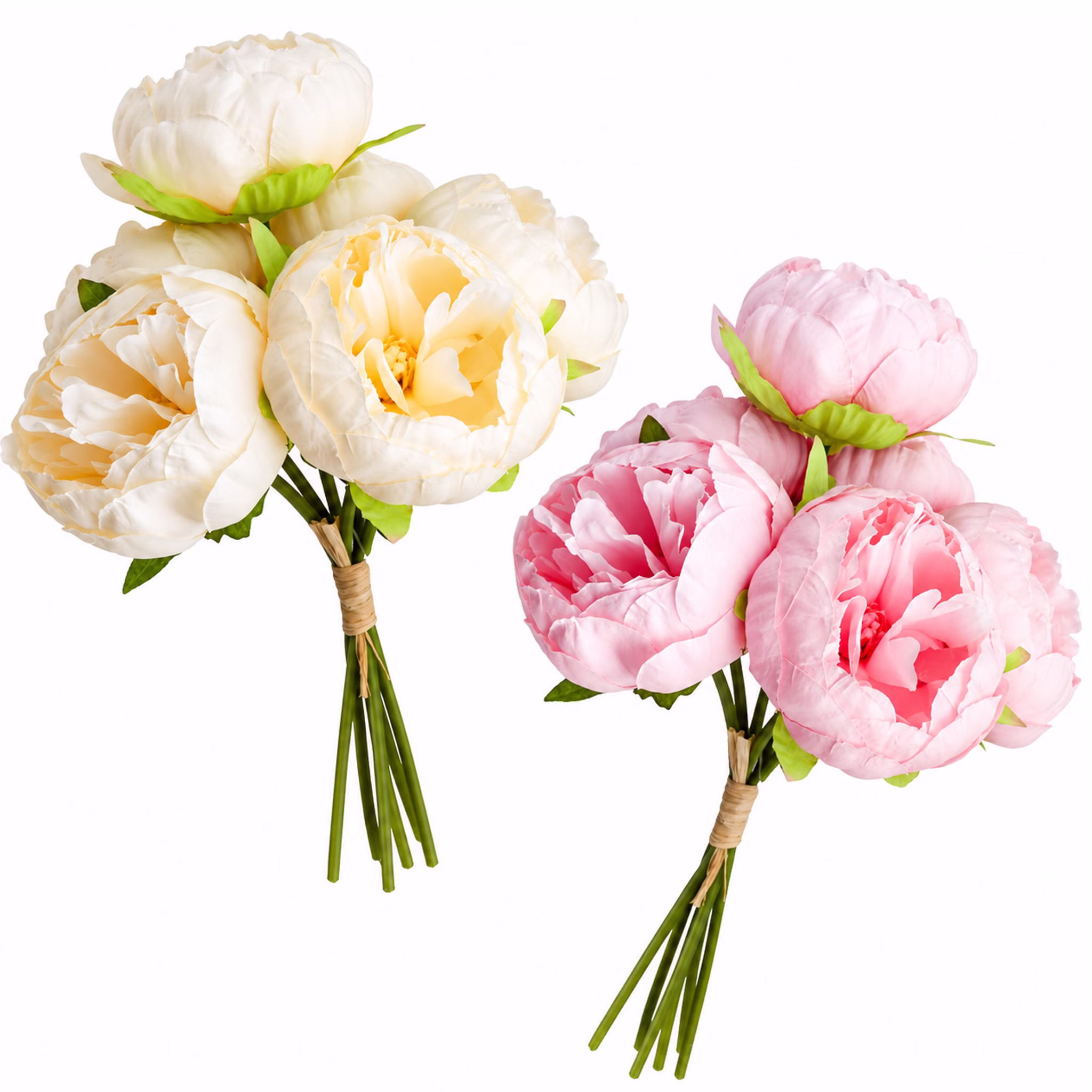 Kunstblumen Pfingstrosen 6er Blumenstrauß Vintage weiß und pink 27,5 cm Deko SALE Tisch-Deko dekorative Blumen Hochzeit Geburtstag Zuhause künstlicher Blumenstrauß Zwei künstliche Pfingstrosen-Sträuße in Weiß und Pink mit voller Blüte vor hellem Hintergrund dekorativ arrangiert.