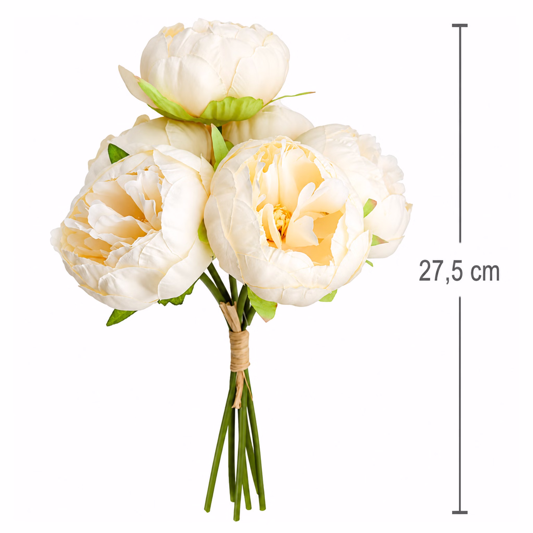 Kunstblumen Pfingstrosen 6er Blumenstrauß Vintage weiß und pink 27,5 cm Deko SALE Tisch-Deko dekorative Blumen Hochzeit Geburtstag Zuhause künstlicher Blumenstrauß Künstlicher Blumenstrauß mit weißen Pfingstrosen und Maßangabe 27,5 cm vor hellem Hintergrund.