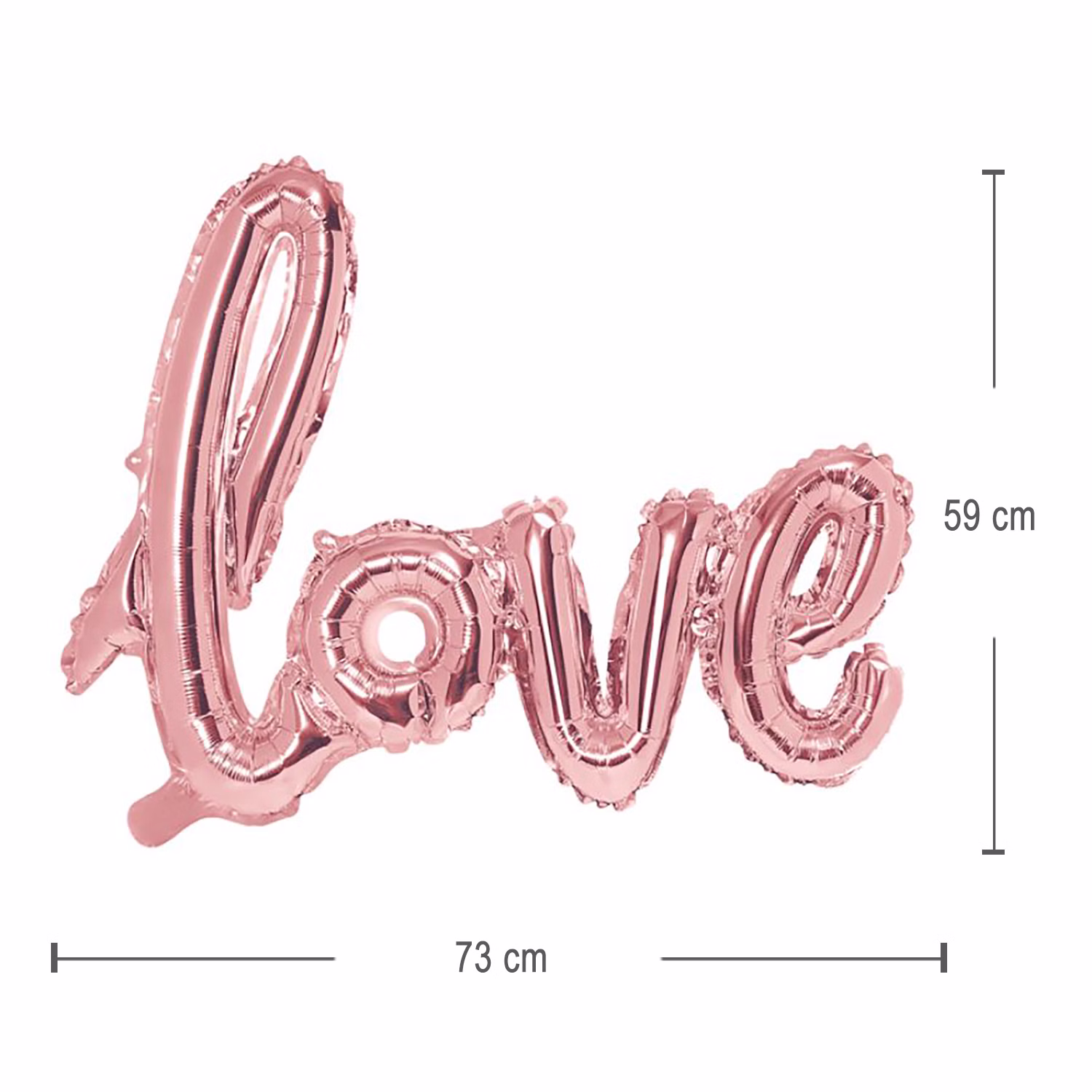 Love Folienballon Roségold 73 cm Metallic Schriftzug Deko Hochzeit Valentinstag Verlobung SALE Ballon Luftballon Party-Deko Maßdarstellung des roségoldenen Love-Folienballons mit einer Größe von etwa 73 x 59 Zentimetern.