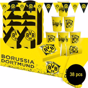BVB Borussia Dortmund Party-Set schwarz-gelb 38-tlg Party-Set Bundesliga Fußball Deko Party-Deko Tisch-Deko BVB 09 Partyset 38 Teile mit Tellern, Bechern, Servietten und Wimpelkette, ideal für Kindergeburtstag und Fußballfans