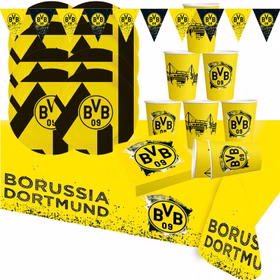 BVB Borussia Dortmund Party-Set schwarz-gelb 38-tlg Party-Set Bundesliga Fußball Deko Party-Deko Tisch-Deko Borussia Dortmund Partyset mit Tellern, Bechern, Servietten und Girlande, komplette Fan-Deko für Fußballparty