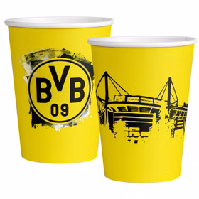 BVB Borussia Dortmund Party-Set schwarz-gelb 38-tlg Party-Set Bundesliga Fußball Deko Party-Deko Tisch-Deko Gelbe BVB 09 Partybecher im Set mit Stadionmotiv und Vereinslogo, perfekt für Fußballgeburtstag und Fanfeier