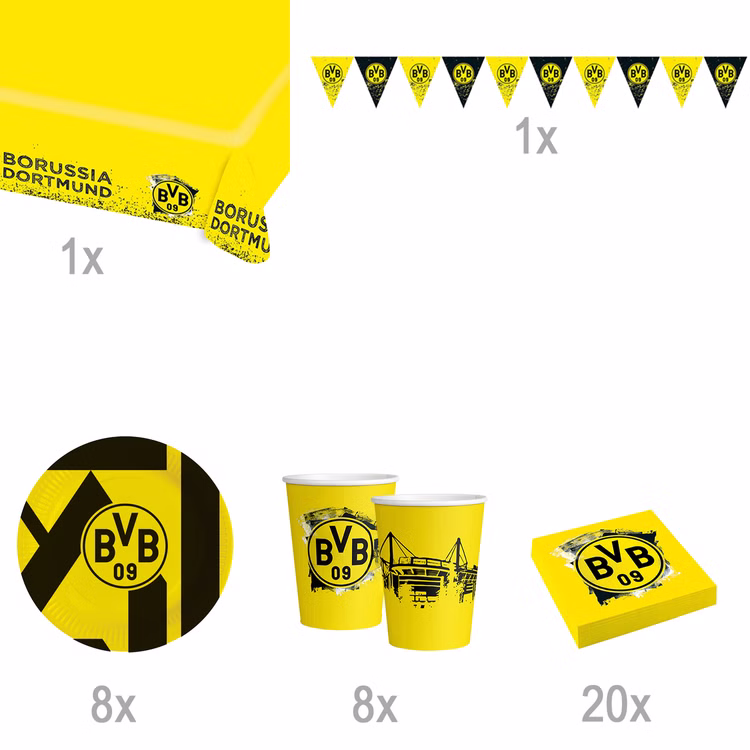 BVB Borussia Dortmund Party-Set schwarz-gelb 38-tlg Party-Set Bundesliga Fußball Deko Party-Deko Tisch-Deko Übersicht BVB 09 Partyset mit Teller, Becher, Servietten und Girlande inklusive Mengenangaben für komplette Partyplanung
