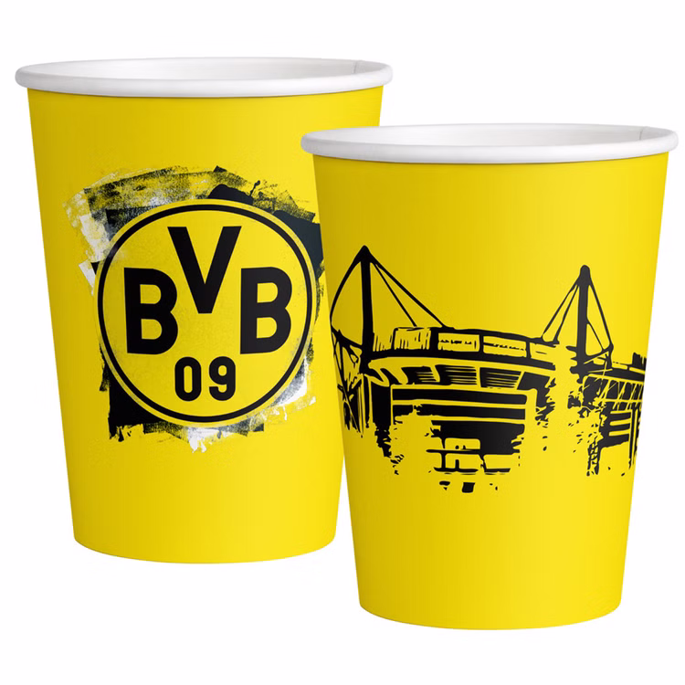 BVB Borussia Dortmund Party-Set schwarz-gelb 38-tlg Party-Set Bundesliga Fußball Deko Party-Deko Tisch-Deko Gelbe BVB 09 Partybecher im Set mit Stadionmotiv und Vereinslogo, perfekt für Fußballgeburtstag und Fanfeier