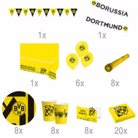 XXL BVB Borussia Dortmund Party-Set schwarz-gelb Fußball 61 Teile Partygeschirr Luftballons Party-Deko Party-Zubehör Übersicht BVB 09 Partyset inklusive Mengenangaben für komplette Partyplanung.