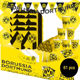 XXL BVB Borussia Dortmund Party-Set schwarz-gelb Fußball 61 Teile Partygeschirr Luftballons Party-Deko Party-Zubehör BVB 09 Partyset 61 Teile mit Tellern, Bechern, Servietten Luftballons, Banner, Einladungskarten, Knicklichtern und Wimpelkette, ideal für Kindergeburtstag und Fußballfans.