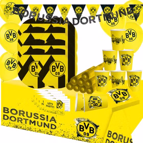 XXL BVB Borussia Dortmund Party-Set schwarz-gelb Fußball 61 Teile Partygeschirr Luftballons Party-Deko Party-Zubehör Borussia Dortmund Partyset komplette Fan-Deko für Fußballparty.