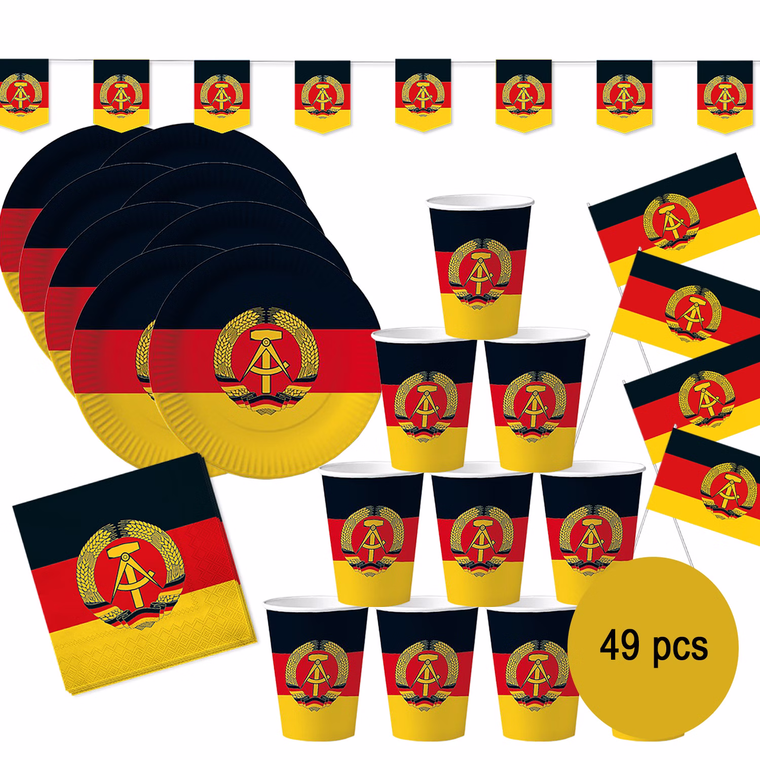 DDR Party-Set Deko für 8 Personen 49-tlg. Pappgeschirr Mottoparty Nostalgie schwarz rot gold Ostalgie Andere Länder