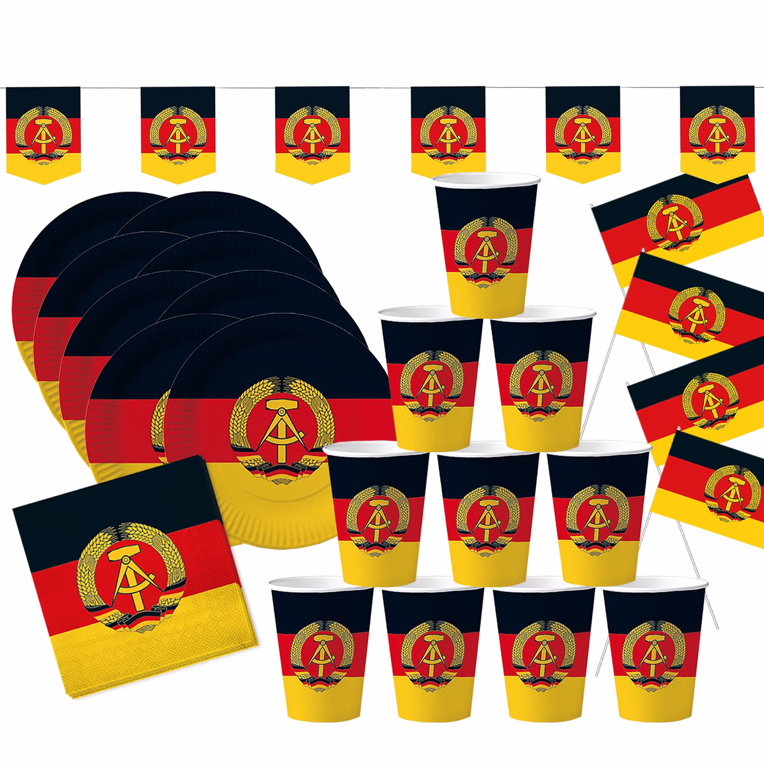 DDR Party-Set Deko für 8 Personen 49-tlg. Pappgeschirr Mottoparty Nostalgie schwarz rot gold Ostalgie Andere Länder