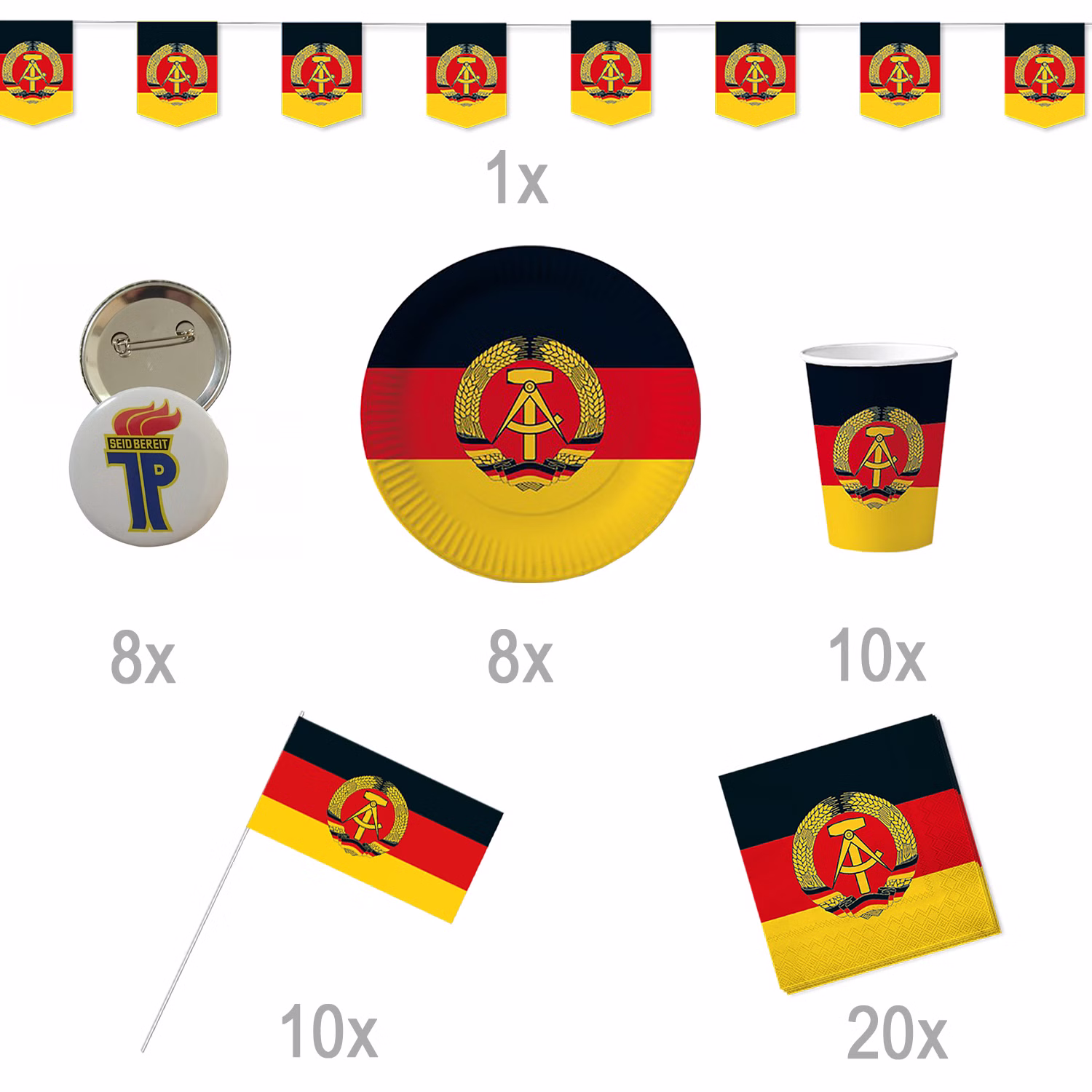 XXL DDR Party-Set Deko für 8 Personen 57-tlg. Pappgeschirr Mottoparty Nostalgie schwarz rot gold Ostalgie Andere Länder