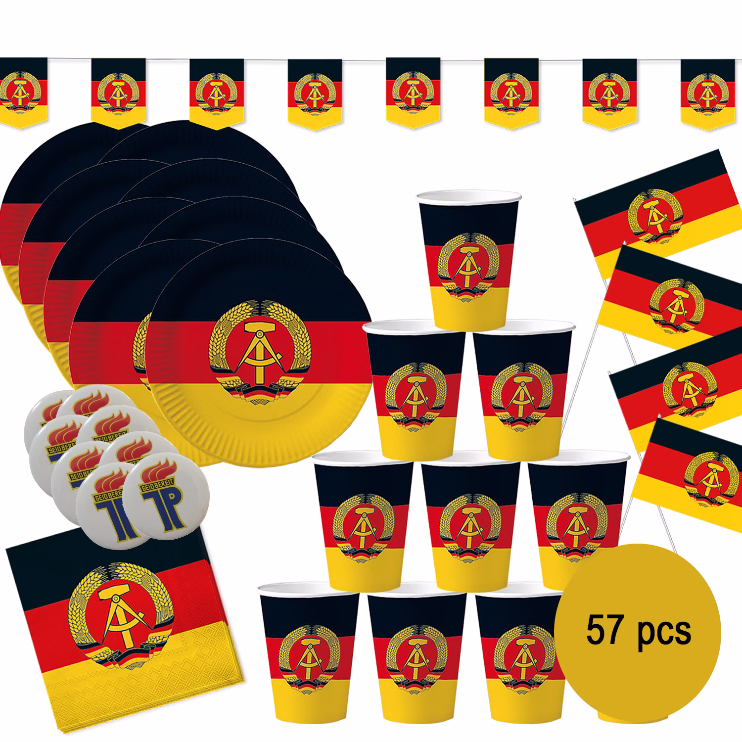 XXL DDR Party-Set Deko für 8 Personen 57-tlg. Pappgeschirr Mottoparty Nostalgie schwarz rot gold Ostalgie Andere Länder