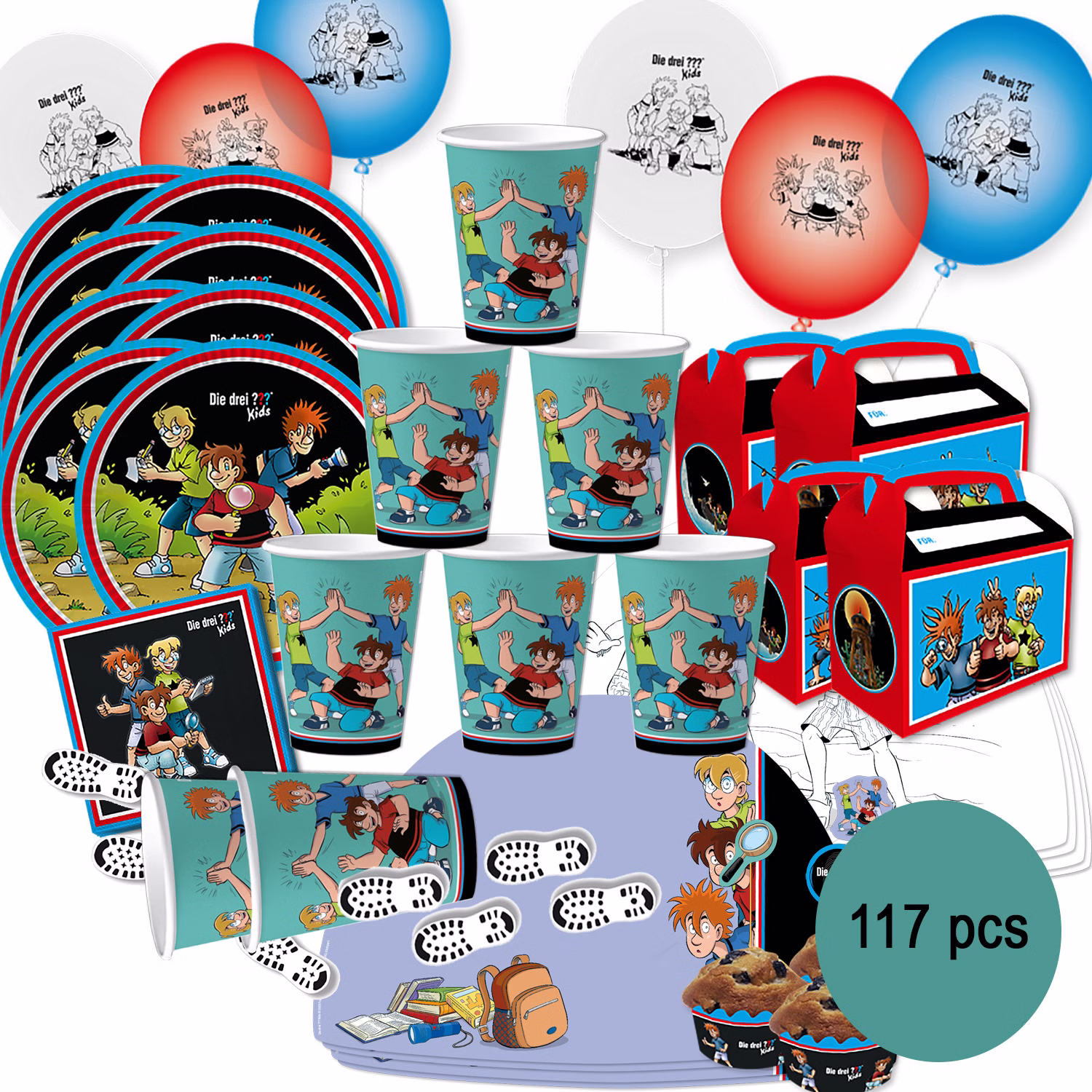 XXL Die drei ??? Kids Party-Set Kindergeburtstag 8 Kinder 117 Teile Pappgeschirr Mottoparty Tischdeko Luftballons Deko Die drei Fragezeichen Zubehör XXL Die drei ??? Kids Party-Set Kindergeburtstag 8 Kinder 117 Teile Pappgeschirr Mottoparty Tischdeko Luftballons Deko Die drei Fragezeichen Zubehör