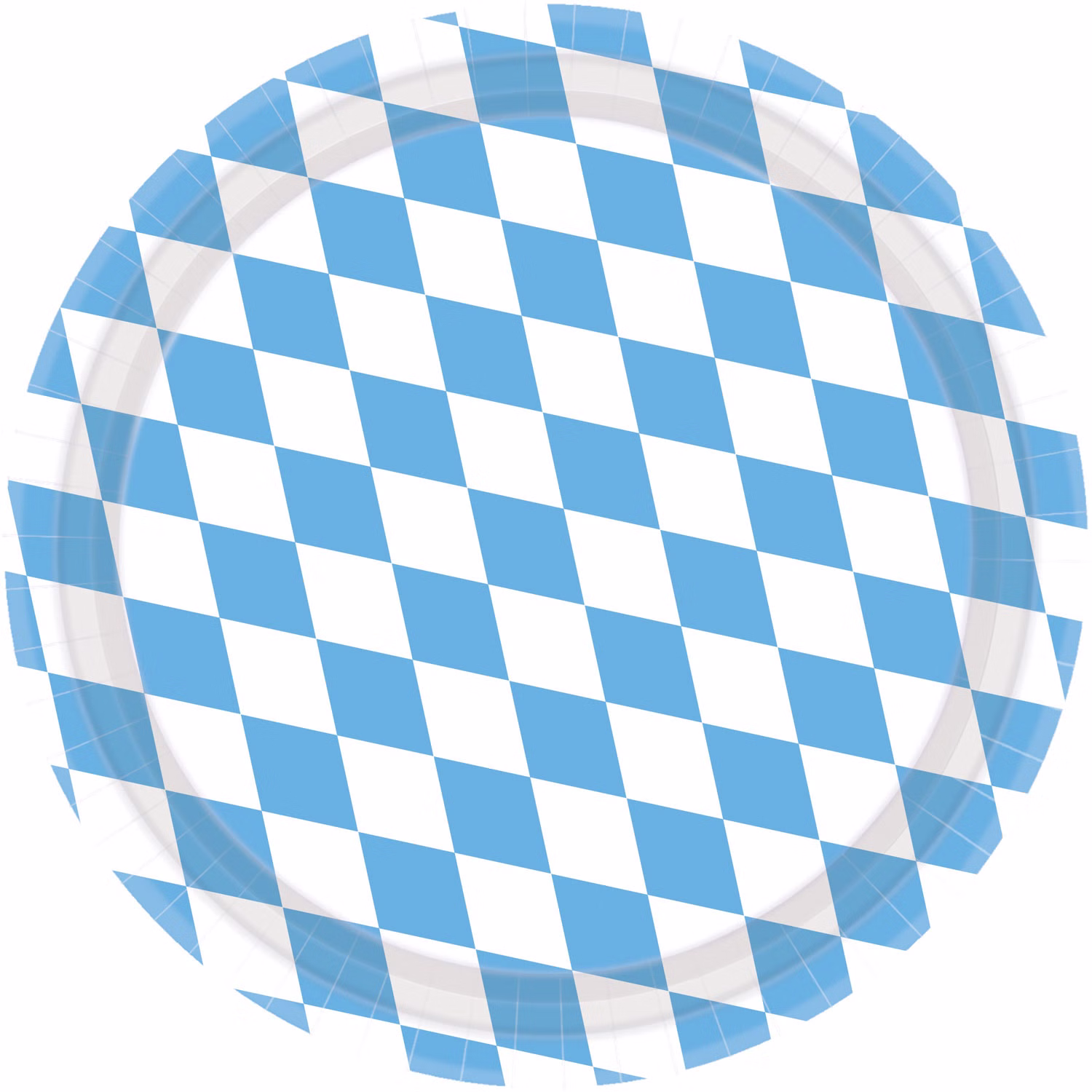 Runder Partyteller mit blau-weißem Rautenmuster vor weißem Hintergrund.