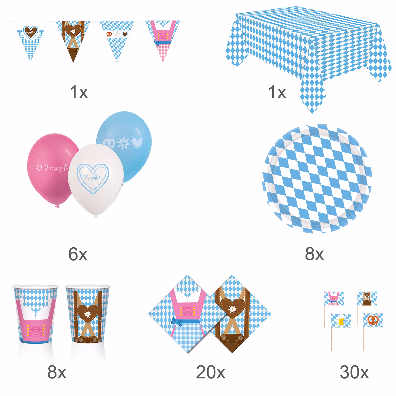 Übersicht des Oktoberfest Party-Sets mit Mengenangaben zu Wimpelkette, Tischdecke, Luftballons, Tellern, Bechern, Servietten und Party-Spießen.