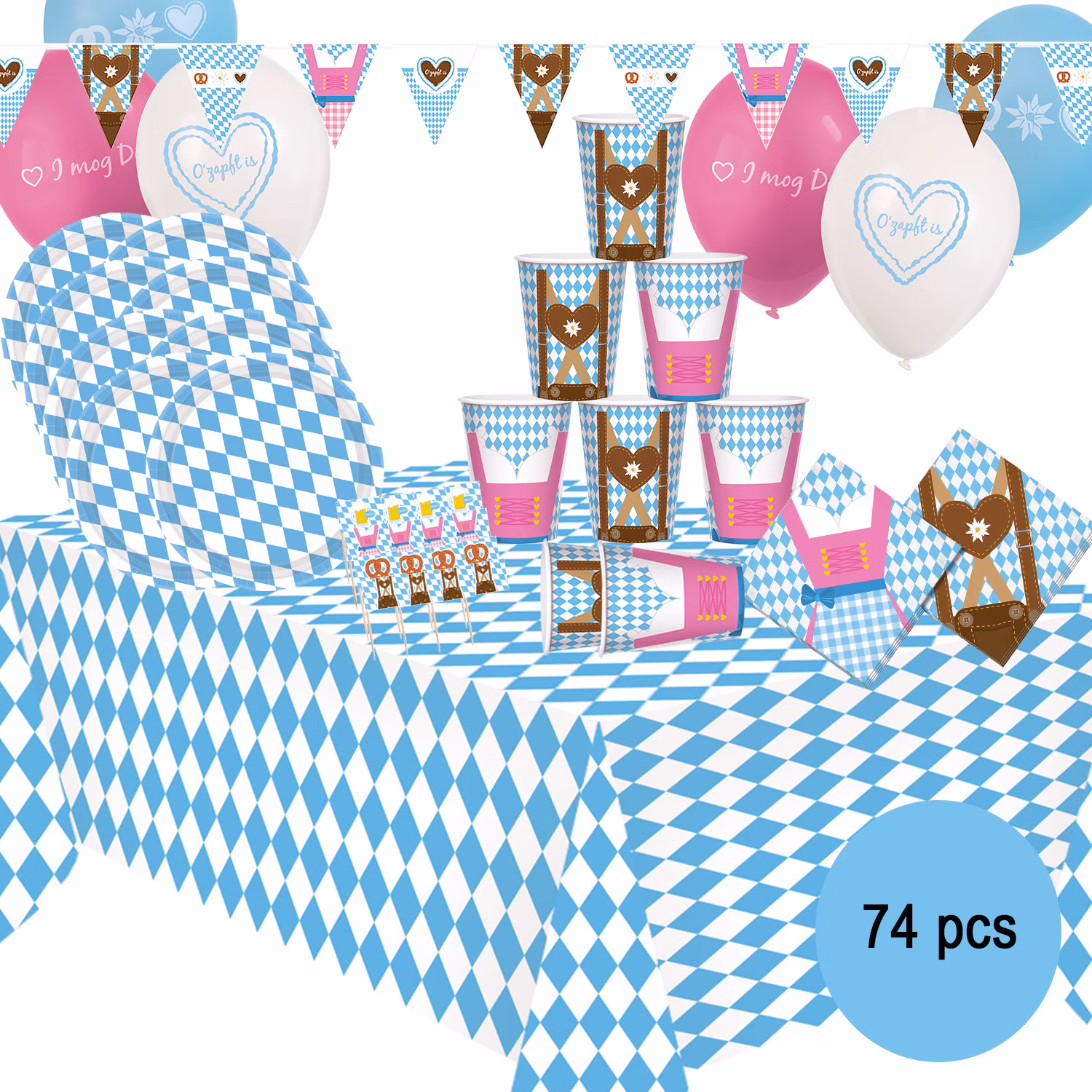 Komplettes 74-teiliges Oktoberfest Party-Set mit Tischdecke, Tellern, Bechern, Servietten, Luftballons, Wimpelkette und Party-Spießen im weiß-blauen Bayern-Design.