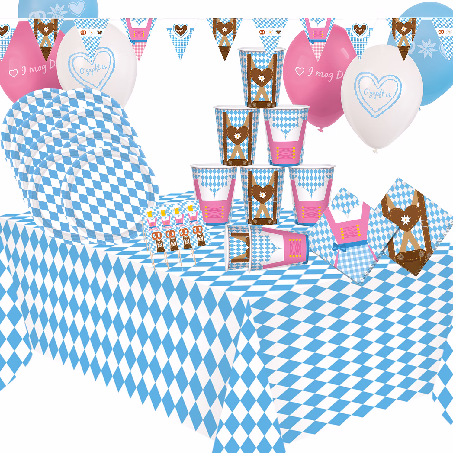 Komplettes Oktoberfest Party-Set mit Tischdecke, Tellern, Bechern, Servietten, Luftballons, Wimpelkette und Party-Spießen im weiß-blauen Bayern-Design.
