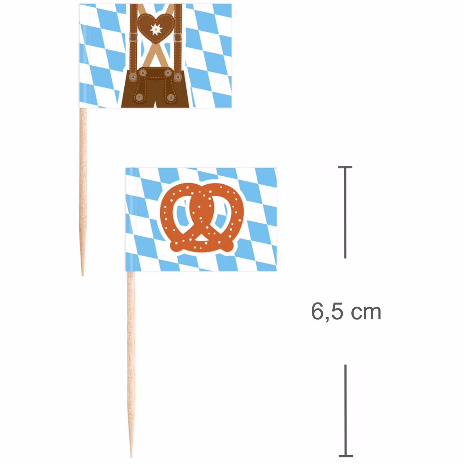 Zwei Oktoberfest Party-Spieße aus Holz mit blau-weißen Fähnchen und Motiven von Lederhose und Brezel, jeweils ca. 6,5 cm lang.