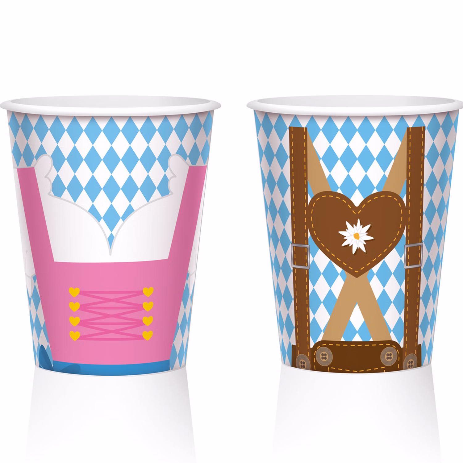 Zwei Oktoberfest Partybecher mit weiß-blauem Rautenmuster sowie Motiven von rosa Dirndl und brauner Lederhose.