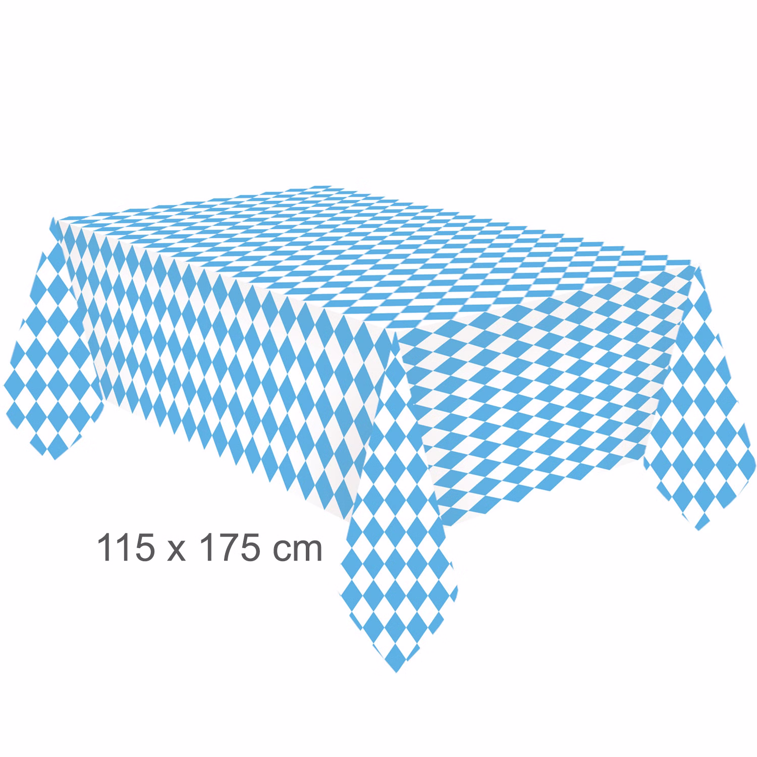 Rechteckige Oktoberfest Tischdecke mit blau-weißem Rautenmuster und den Maßen 115 × 175 cm.