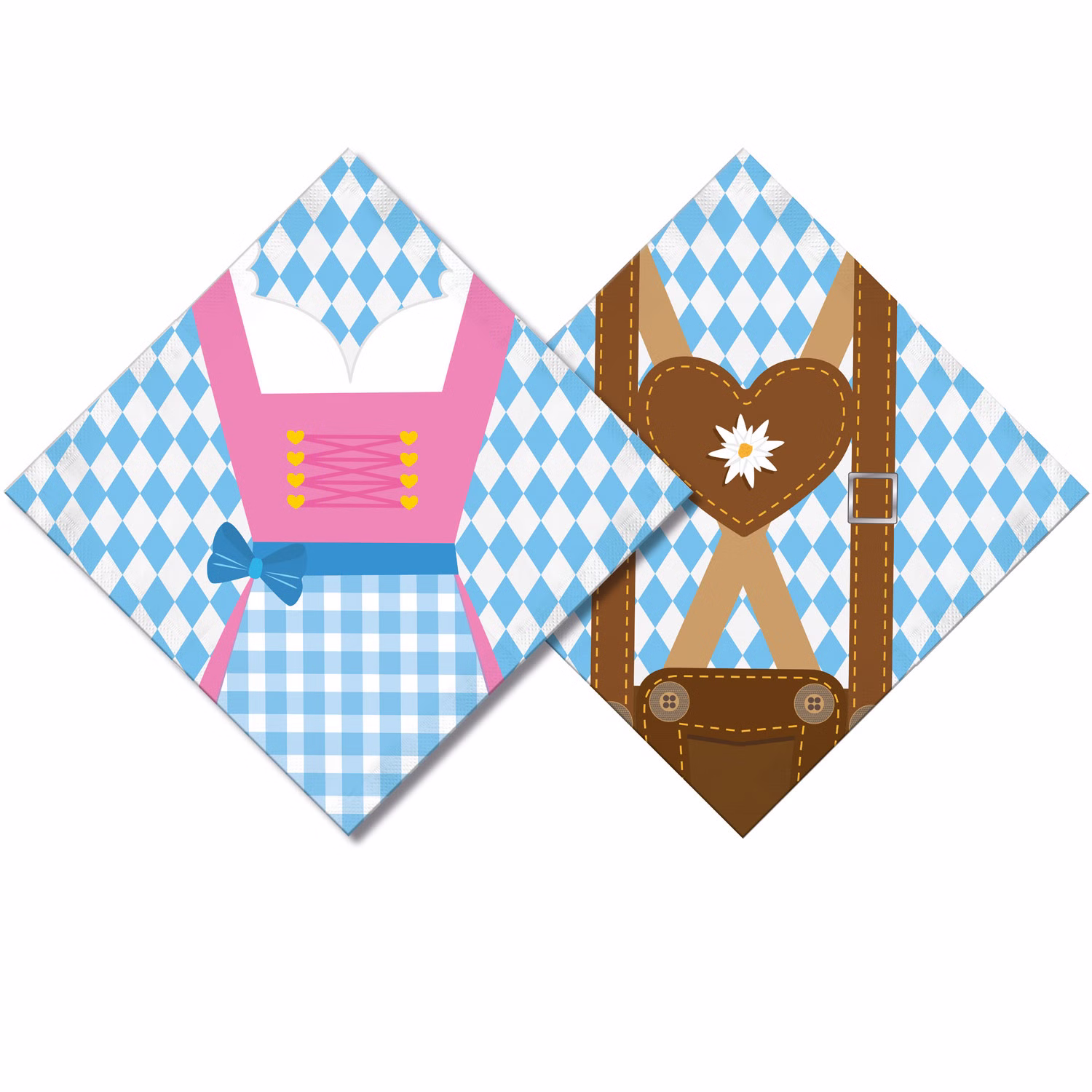 Zwei Oktoberfest Servietten mit blau-weißem Rautenmuster und Motiven von Dirndl und Lederhose vor weißem Hintergrund.
