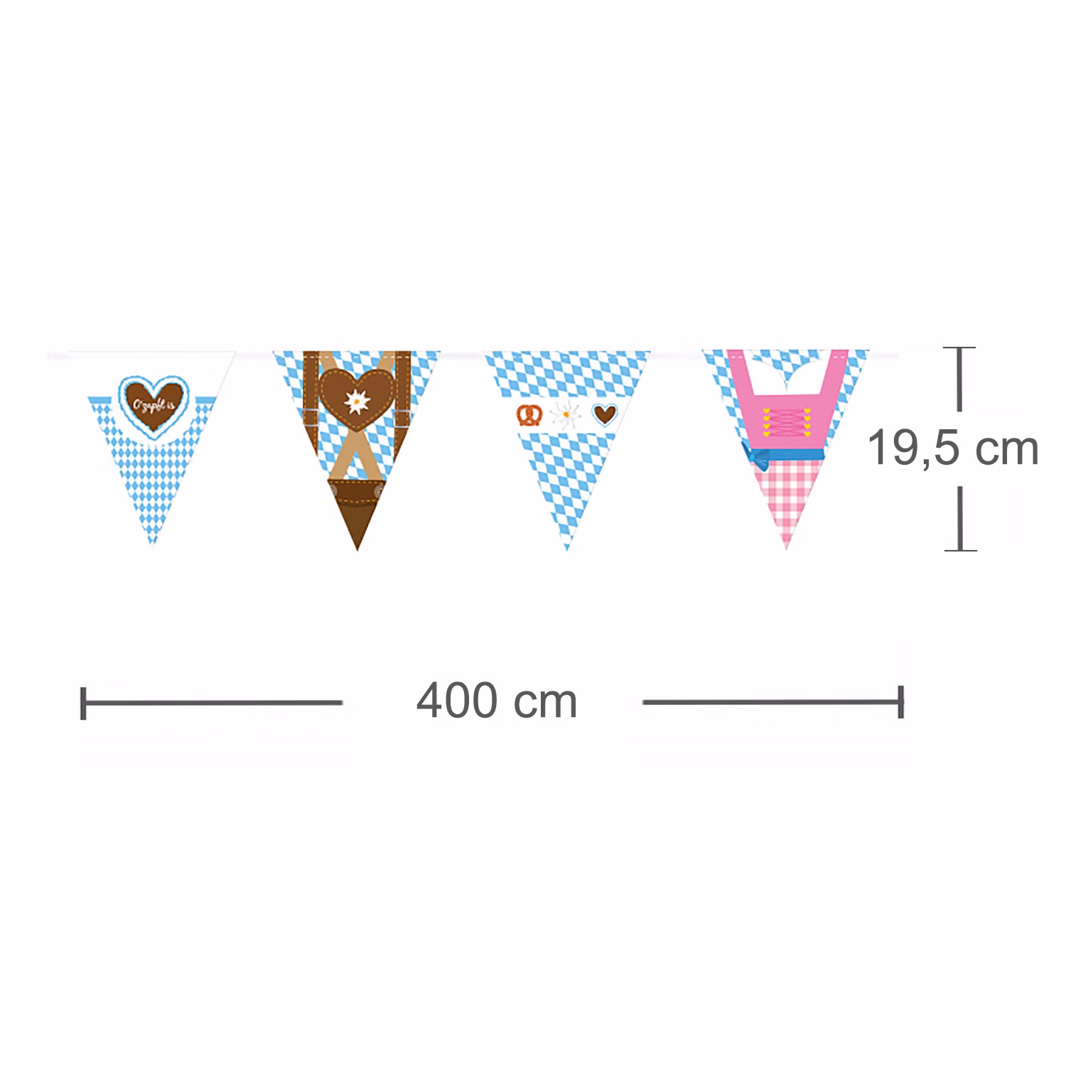 ier Meter lange Oktoberfest Wimpelkette mit blau-weißen Rauten sowie Dirndl-, Lederhosen-, Brezel- und Herzmotiven.