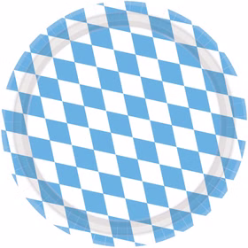 Runder Partyteller mit blau-weißem Rautenmuster vor weißem Hintergrund.