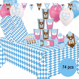 Komplettes 74-teiliges Oktoberfest Party-Set mit Tischdecke, Tellern, Bechern, Servietten, Luftballons, Wimpelkette und Party-Spießen im weiß-blauen Bayern-Design.