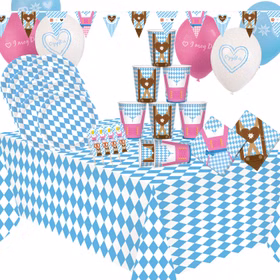 Komplettes Oktoberfest Party-Set mit Tischdecke, Tellern, Bechern, Servietten, Luftballons, Wimpelkette und Party-Spießen im weiß-blauen Bayern-Design.