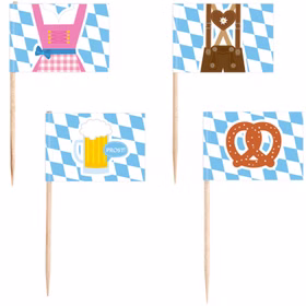 Vier Oktoberfest Party-Spieße aus Holz mit blau-weißen Fähnchen und Motiven von Lederhose und Brezel.