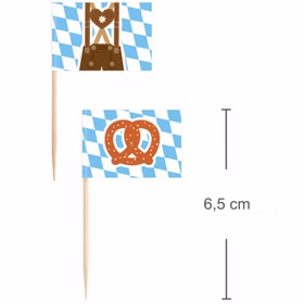 Zwei Oktoberfest Party-Spieße aus Holz mit blau-weißen Fähnchen und Motiven von Lederhose und Brezel, jeweils ca. 6,5 cm lang.