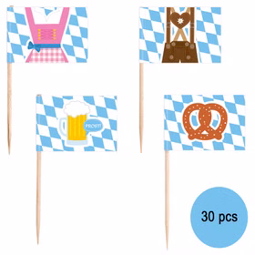 Oktoberfest Party-Spieße aus Holz mit blau-weißen Fähnchen und Motiven von Lederhose und Brezel, jeweils ca. 6,5 cm lang. Im Lieferumfang sind 30 Stück.