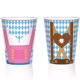 Zwei Oktoberfest Partybecher mit weiß-blauem Rautenmuster sowie Motiven von rosa Dirndl und brauner Lederhose.