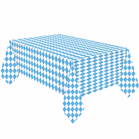 Rechteckige Oktoberfest Tischdecke mit blau-weißem Rautenmuster vor weißem Hintergrund.