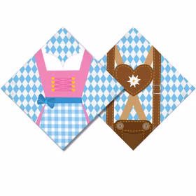 Zwei Oktoberfest Servietten mit blau-weißem Rautenmuster und Motiven von Dirndl und Lederhose vor weißem Hintergrund.